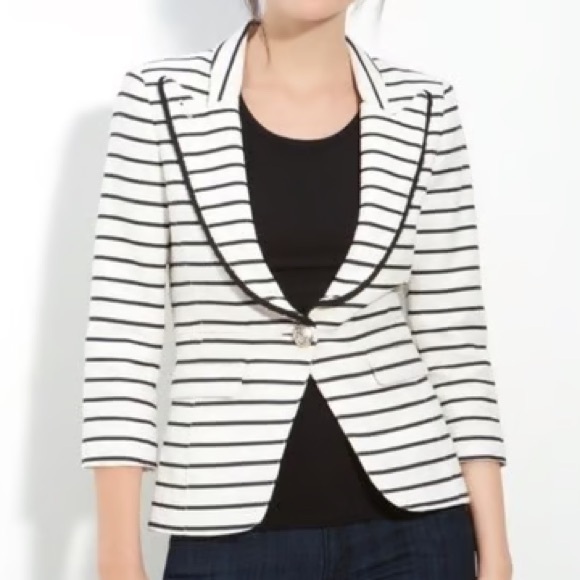 Smythe Stripe Linen Blend Blazer Size 12 Women’s Nautical Casual Black White